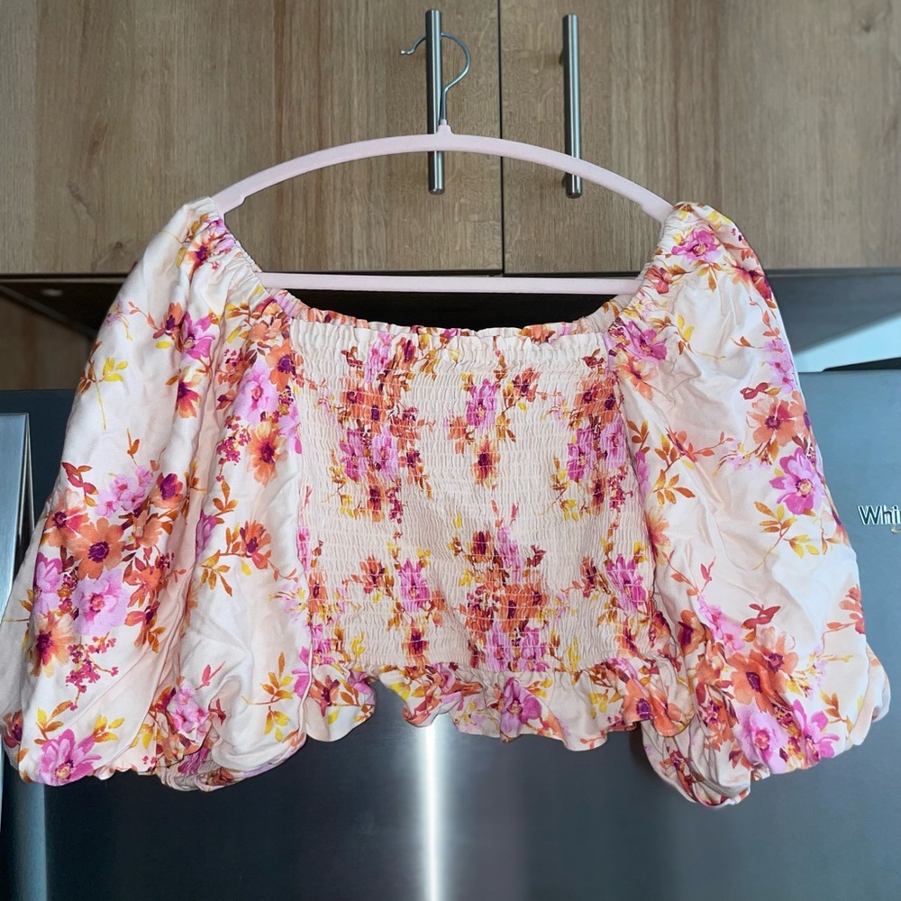 Floral Smocked Off-Shoulder Crop Top - Pink & Orange